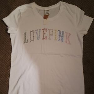 ☆•BNWT Victoria Secret Pink White T Shirt with Color Jewls Size: Large •☆